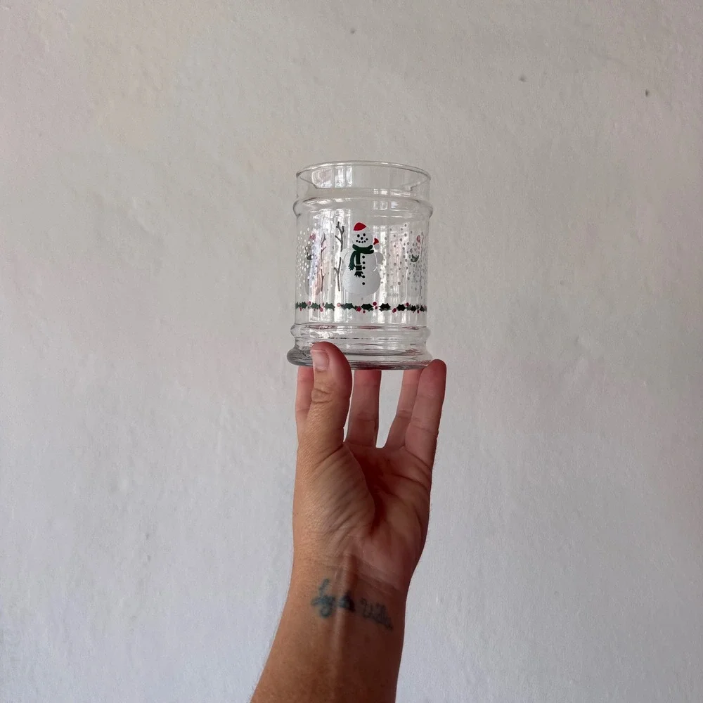 Vintage 1990 Anchor Hocking Snowman Holly Glass Votive Candle Holder Decor